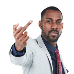 The rude black businessman's negative attitude is expressed through his use of the middle finger,...