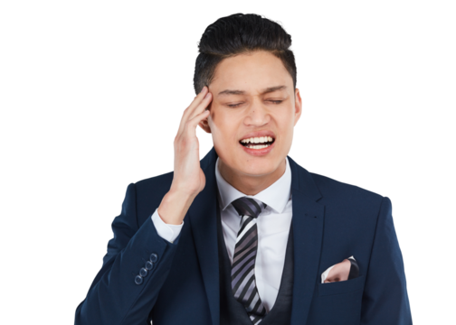 A mental strain and headache that the employee is experiencing is causing them to feel frustrated.  isolated on a png background.