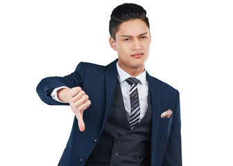 An Asian businessman or employee is providing critical feedback and unfavorable reviews, along with displaying a sign of rejection by showing a thumbs down gesture, isolated on a PNG background.