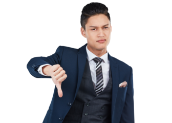 An Asian businessman or employee is providing critical feedback and unfavorable reviews, along with displaying a sign of rejection by showing a thumbs down gesture, isolated on a PNG background.