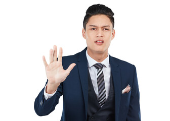 An executive or CEO of Caucasian ethnicity is conveying a 'halt', 'hold on' or 'stop' message through an open palm gesture, reflecting their assertive attitude isolated on a png background.