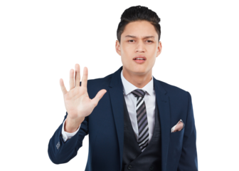 An executive or CEO of Caucasian ethnicity is conveying a 'halt', 'hold on' or 'stop' message through an open palm gesture, reflecting their assertive attitude isolated on a png background.