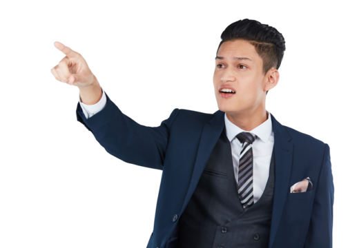 A corporate employee displaying hand gestures, indicating their interest or confusion towards captivating marketing or advertising offers isolated on a png background