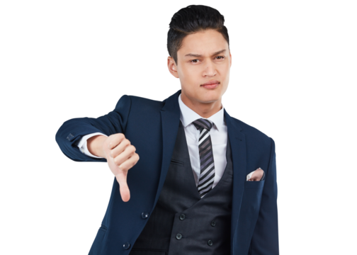 An Asian businessman or employee is providing critical feedback and unfavorable reviews, along with displaying a sign of rejection by showing a thumbs down gesture, isolated on a PNG background.