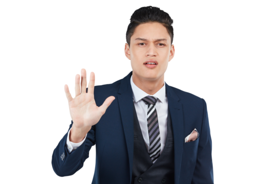 An executive or CEO of Caucasian ethnicity is conveying a 'halt', 'hold on' or 'stop' message through an open palm gesture, reflecting their assertive attitude isolated on a png background.