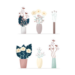 Set of flowers in boho style vases. Composition of flowers vector illustration. Bouquets of tricots, cotton, various decorative leaves and twigs.