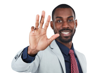 An Afro businessman or entrepreneur is seen using his fingers to count to four or convey a specific message through hand signals isolated on a png background.