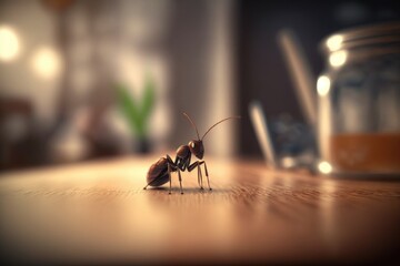 Close-up ant on the table generated by AI technology