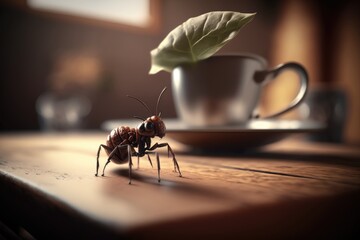 Close-up ant on the table generated by AI technology