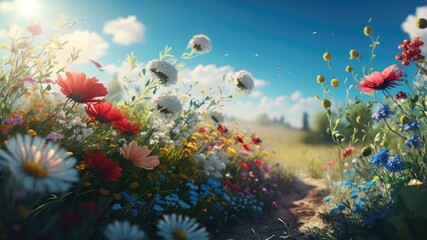 Fototapeta na wymiar Panoramic flower fields generated by AI technology