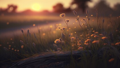 Meadow sunset landscape illustration generated by AI technology