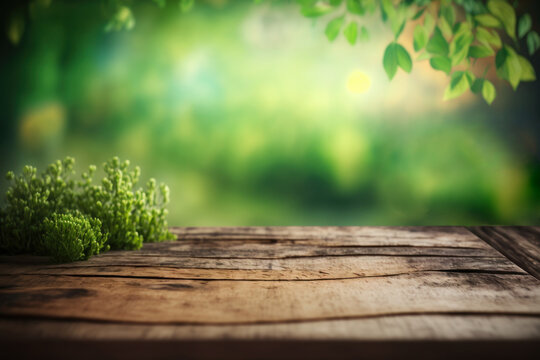 Aged wooden table with blurred spring image Background for product presentation(Generative AI)