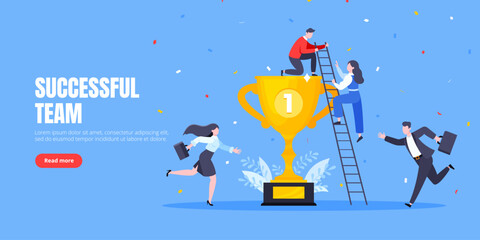 Happy business employee team winners award ceremony flat style design vector illustration. Employee recognition and best worker competition award team celebrating victory winner business concept.