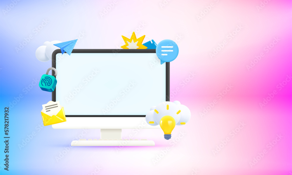 Poster Computer monitor with communication elements and blank screen. Web communication concept. 3d vector banner with copy space