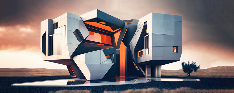 A Ultra Modern Futuristic House. Gamer House. A Modern Multi-story House, Composed Of Extruded Sections And Orange Glass. Architecture Design. Generative AI. 