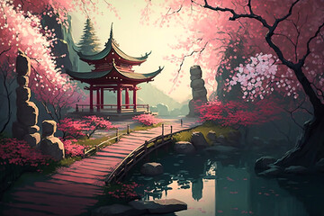 Beautiful painting of Japanese Zen Garden and Blooming Cherry Trees