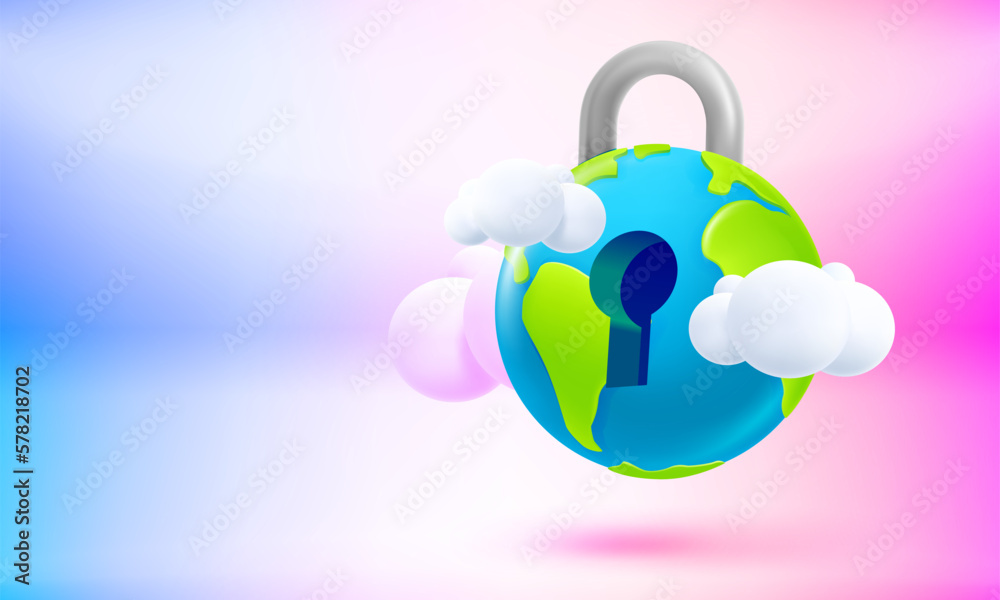 Poster the earth with lockhole. world security concept. 3d vector banner with copy space