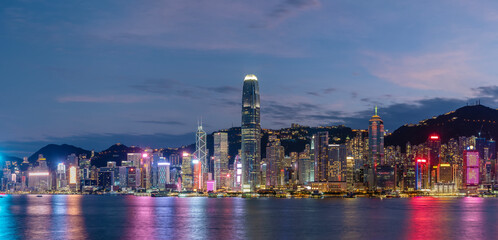 Scenery of panorama of Victoria harbor of Hong Kong city at dusk