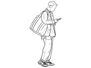 Fototapeta premium Man standing with his hands in his pants pocket line vector drawing. Minimalistic contour illustration.