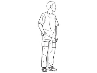 Man standing with his hands in his pants pocket line vector drawing. Minimalistic contour illustration.