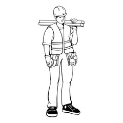 Builder carry planks. Outline carpenter repairman. Business concept. Vector.