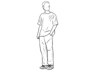 Man standing with his hands in his pants pocket line vector drawing. Minimalistic contour illustration.