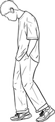 Man standing with his hands in his pants pocket line vector drawing. Minimalistic contour illustration.