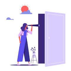 Looking in unknown future concept, businesswoman with telescope in her hands looks through open door, Search for life path and journey into subconscious