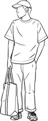 Man standing with his hands in his pants pocket line vector drawing. Minimalistic contour illustration.