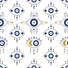 Greek evil eye vector symbol of protection. Seamless pattern. Turkish Nazar Boncugu amulet illustration. Believed that it protects against evil eye. Background of blue Turkish eyes
