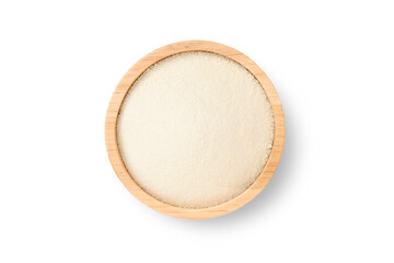 Collagen peptides powder or milk powdered in wooden bowl isolated on white background with clipping path. Top view, flat lay.