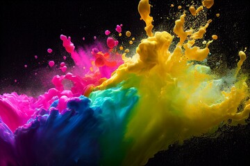 Obraz na płótnie Canvas Panorama Exploding liquid paint in rainbow colors with splashes. Generative ai