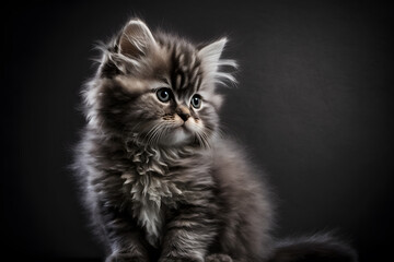 Portrait little fluffy kitten on a gray background photography made with Generative AI