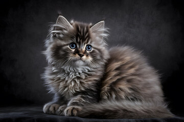 Portrait little fluffy kitten on a gray background photography made with Generative AI