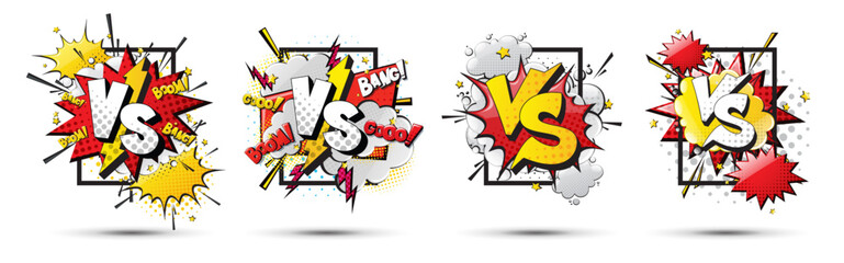 Cartoon comic vs frame for text background Fight versus, сomics book colorful retro Pop Art style. set frame design poster with halftone elements Vector illustration