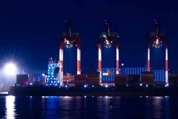 Obraz premium Night cranes near the container port in Tokyo long shot