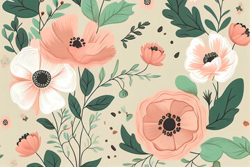 Illustrated pastel color Spring drawn flowers and leaves pattern on white background, illustration for decorative paper. Generative AI.