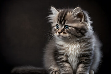 Portrait little fluffy kitten on a gray background photography made with Generative AI