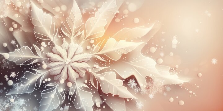 Winter elegant background of snowflakes in white and beige colours. Wedding invitation, greeting card, banner. Copy space. Generative AI
