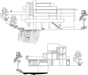 Vector sketch of illustration of modern minimalist home design by frank lloyd wright