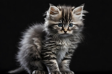 Obraz na płótnie Canvas Portrait little fluffy kitten on a gray background photography made with Generative AI