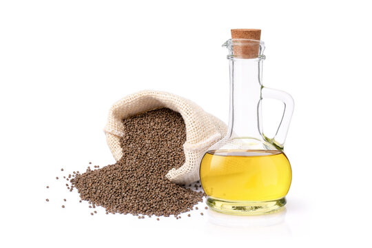 Perilla flutescens seeds and perilla seed oil in glass jar isolated on white background. 