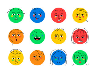 Cute round avatars expressing positive and negative emotions set. Funny colorful emojis, smiley characters with cute faces showing different emotions vector illustration
