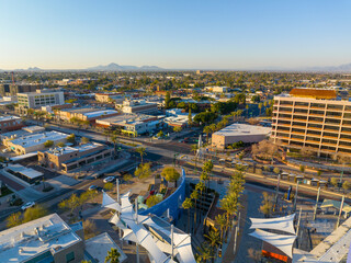 Mesa city center aerial view on Center Street at Main Street at sunset, Mesa, Arizona AZ, USA. 