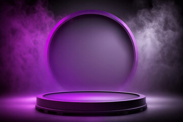 Purple neon showcase, round product display stage with smoky hazy mist background for mockup, template, design