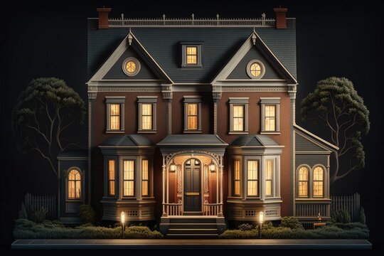 Warm House With Windows On Dark Gray Background Exterior Of A Classic House At Night, Created With Generative Ai