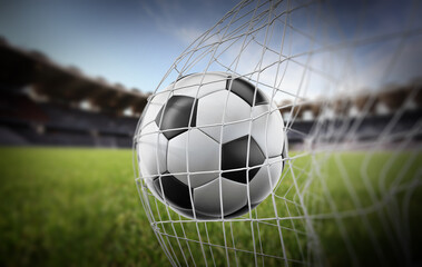 Soccer ball or football in the net. Football goal. 3D illustration