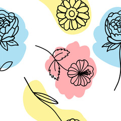 Flowers with colorful brush seamless pattern in flat doodle cartoon style. Vector seamless wallpaper with white background.