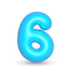 Number Six. 6 Sky Blue Balloon 3d rendered. Realistic design element for events. Happy Birthday, Anniversary Party and events. 3d Render illustration isolated on white background with alpha channel.