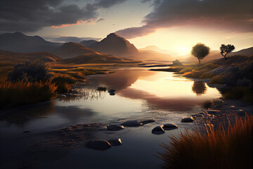 Flowing river at sunset beautiful nature landscape, generative art